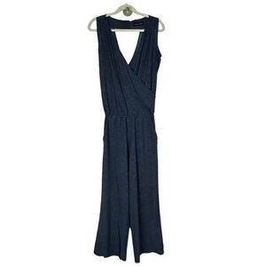 Andrea Crocetta Navy Polka Dot Jumpsuit Medium Wide Leg Surplice Wrap Stretch